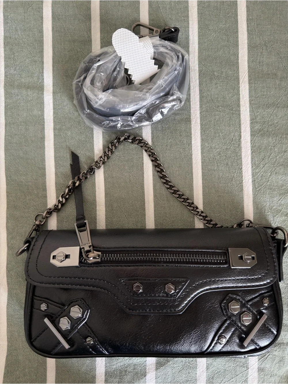 Aldo Black Leather Chain-Handle Shoulder Bag with Stud Accents